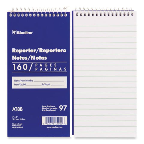 Blueline Reporter Notebook 160 Sheets - Spiral - 4" x 8" - White Cover - 1Each