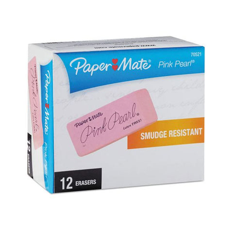 Paper Mate Pink Pearl Eraser, For Pencil Marks, Rectangular Block, Large, Pink, 12/Box