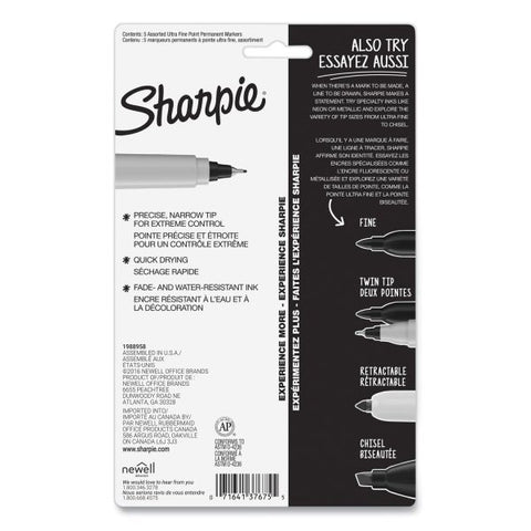 Sharpie Ultra Fine Tip Permanent Marker, Extra-Fine Needle Tip, Assorted Colors, 5/Set