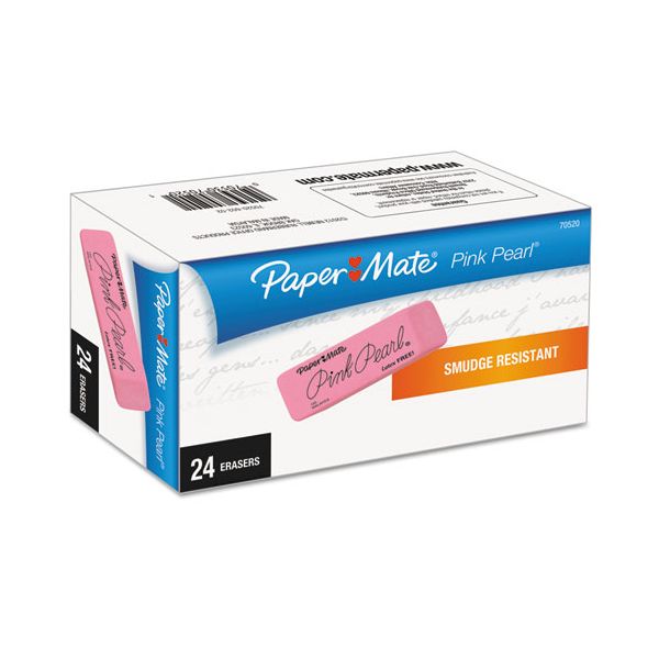 Paper Mate Pink Pearl Eraser, For Pencil Marks, Rectangular Block, Medium, Pink, 24/Box