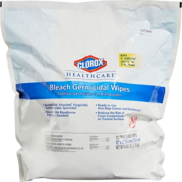 Clorox Healthcare Bleach Germicidal Wipes, 12 x 12, Unscented, 110/Bag