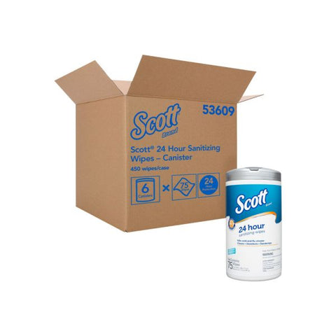 Scott 24-Hour Sanitizing Wipes, White, 75 Sheets Per Pack, Case Of 6 Packs