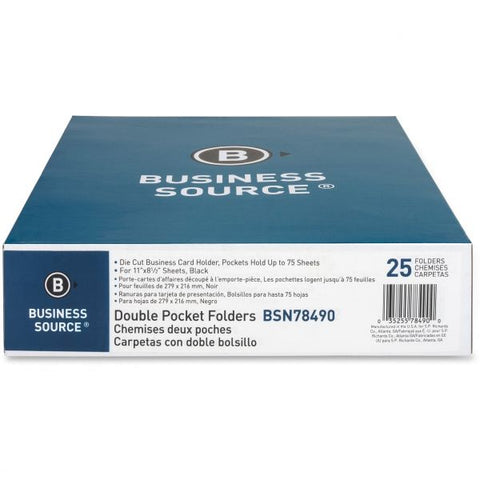 Business Source Black Two Pocket Folders Letter Size - 2 Pockets - 125 Sheet Capacity - Paper - Black - 25/ Box