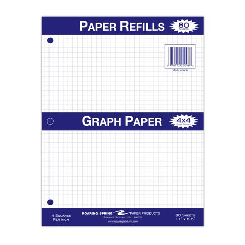 Filler Paper 8.5"x11" 4x4 Graph Ruled Roaring Spring 4x4 Graph Ruled Loose Leaf Filler Paper, Case of 24 Packs, 3 Hole Punched, 11" x 8.5" 80 Sheets Per Pack, 15# White Paper