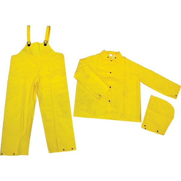 River City Three-piece Rainsuit Recommended for: Agriculture, Construction, Transportation, Sanitation, Carpentry, Landscaping - LargeWater Protection - Snap Closure - Polyester, Polyvinyl Chloride (PVC) - 1 Each - Yellow