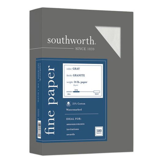 Southworth Granite Specialty Paper, 24 lb Bond Weight, 8.5 x 11, Gray, 500/Ream