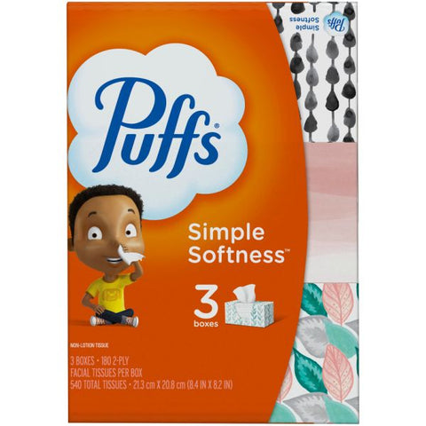 Puffs White Facial Tissue, 2-Ply, White, 180 Sheets/Box, 3 Boxes/Pack, 8 Packs/Carton