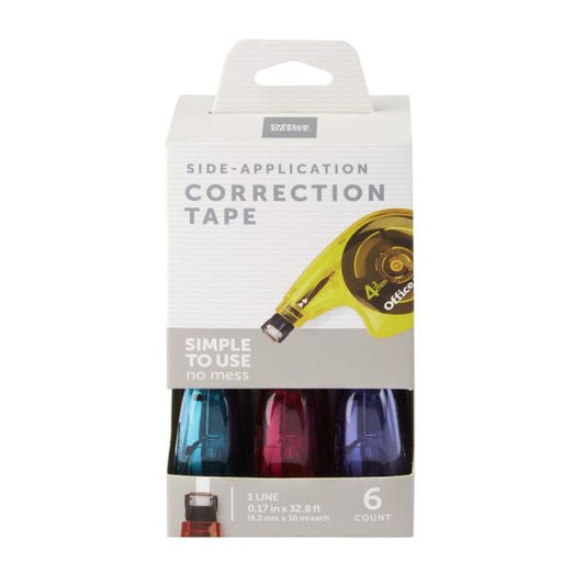 Side-Application Correction Tape, 1 Line x 392", Assorted Colors, Pack Of 6