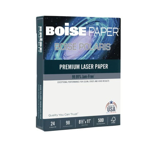 Boise POLARIS Premium Laser Paper, Letter Size (8 1/2" x 11"), 98 (U.S.) Brightness, 24 Lb, FSC Certified, White, 500 Sheets Per Ream, Case Of 8 Reams