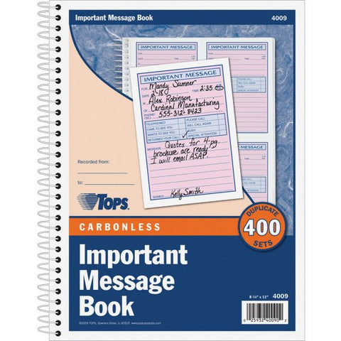 TOPS Telephone Message Book with Fax/Mobile Section, Two-Part Carbonless, 3.88 x 5.5, 4 Forms/Sheet, 400 Forms Total