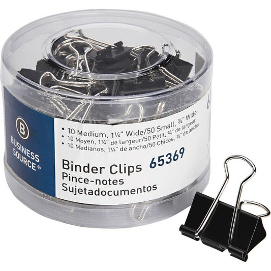 Business Source Small/Medium Binder Clips Set Small, Medium - for Paper, Project, Document - 60 / Pack - Black