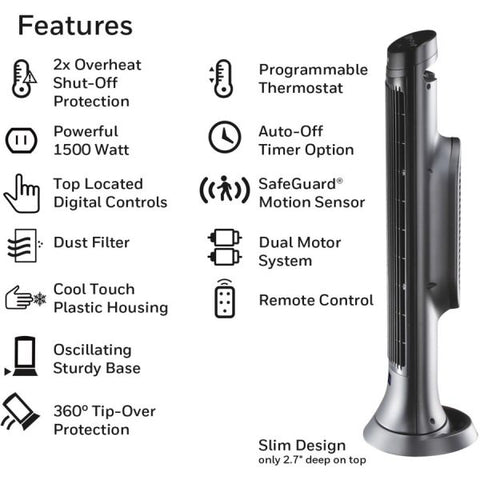 Honeywell Motion Sensor Ceramic Heater Ceramic - 1500 W - 2 x Heat Settings - Timer - 1500 W - Yes - Indoor - Tower - Dark Gray