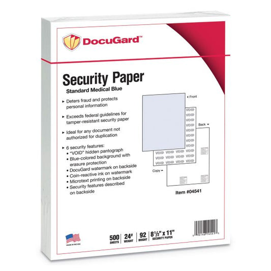 DocuGard Medical Security Papers, 24 lb Bond Weight, 8.5 x 11, Blue, 500/Ream