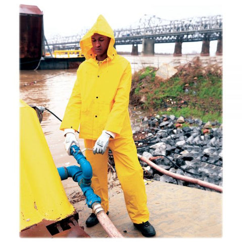 River City Three-piece Rainsuit Recommended for: Agriculture, Construction, Transportation, Sanitation, Carpentry, Landscaping - LargeWater Protection - Snap Closure - Polyester, Polyvinyl Chloride (PVC) - 1 Each - Yellow