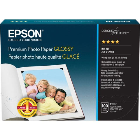 Epson Premium Photo Paper, 10.4 mil, 4 x 6, High-Gloss White, 100/Pack