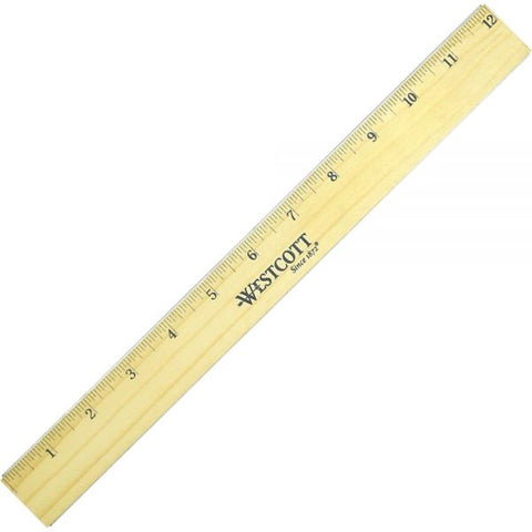 Westcott Flat Wood Ruler with Two Double Brass Edges, Standard/Metric, 12", Clear Lacquer Finish