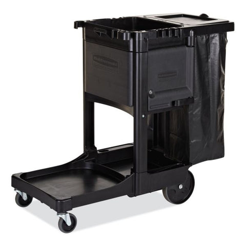 Rubbermaid Commercial Executive Janitorial Cleaning Cart, Plastic, 4 Shelves, 1 Bin, 12.1" x 22.4" x 23", Black