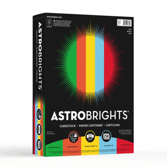 Astrobrights Color Card Stock, 8 1/2" x 11", FSC Certified, 65 Lb, 30% Recycled, Assorted Colors, Pack Of 250 Sheets