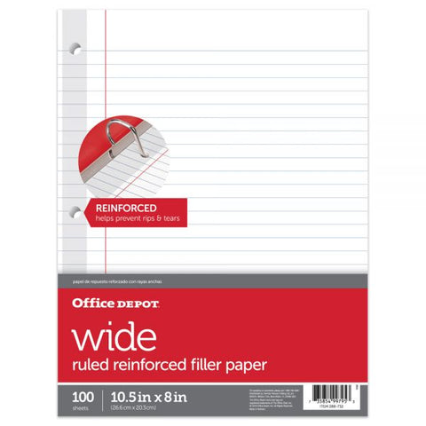 Reinforced Filler Paper, 8" x 10 1/2", 16 Lb, Wide Ruled, White, Pack Of 100