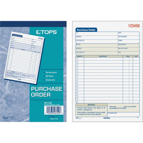 TOPS Purchase Order Book, 12 Lines, Two-Part Carbonless, 5.56 x 8.44, 50 Forms Total