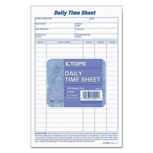 TOPS Daily Time and Job Sheets, One-Part (No Copies), 8.5 x 5.5, 200 Forms/Pad, 2 Pads/Pack