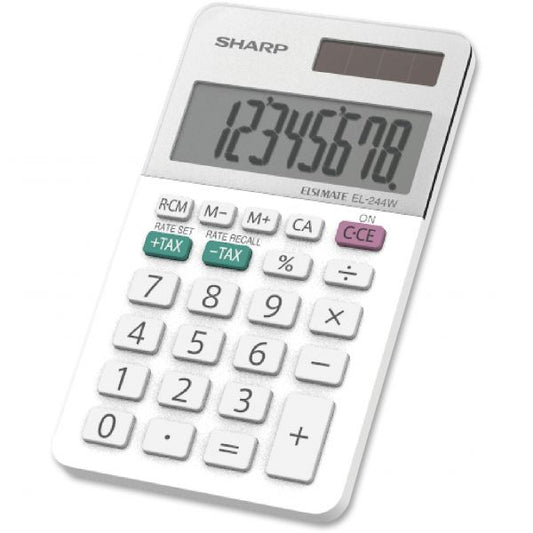 Sharp EL-244WB 8 Digit Professional Pocket Calculator Extra Large Display, Durable, Rubber Key, Dual Power, 3-Key Memory, Automatic Power Down - 8 Digits - LCD - White - 1 Each