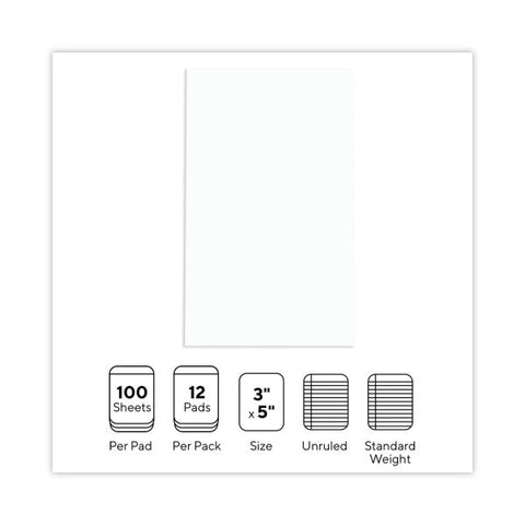 Universal Scratch Pads, Unruled, 3 x 5, White, 100 Sheets, 12/Pack