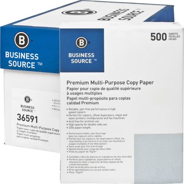 Business Source Premium Multi-Purpose White Copy Paper Letter - 8 1/2" x 11" - 20 lb Paper Weight - 92 GE Brightness - 500 Sheets/ Ream - 10 Reams/ Carton - White