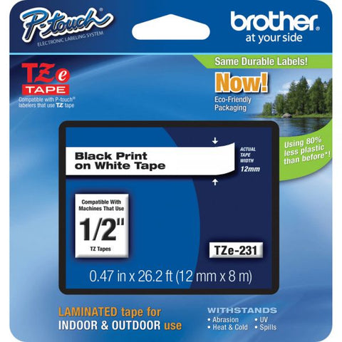 Brother P-Touch TZe-231 Label Tape, 1/2" x 26-1/4', White/Black, Pack Of 4 Rolls