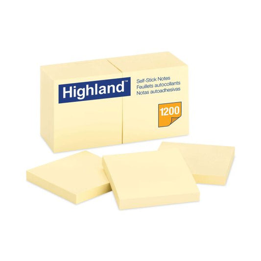 Highland Self-Stick Notes, 3" x 3", Yellow, 100 Sheets/Pad, 12 Pads/Pack