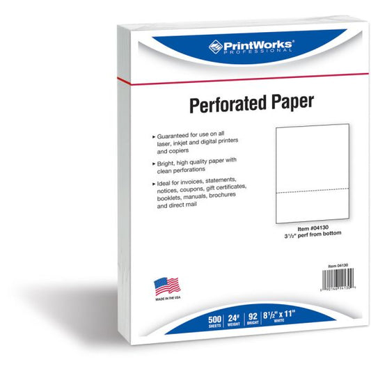 PrintWorks Professional Perforated and Punched Paper, 92 Bright, 24 lb Bond Weight, 8.5 x 11, White, 500/Ream