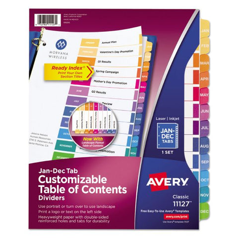 Avery Customizable TOC Ready Index Multicolor Tab Dividers, 12-Tab, Jan. to Dec., 11 x 8.5, White, Traditional Color Tabs, 1 Set