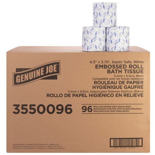 Genuine Joe 2-ply Bath Tissue 2 Ply - 4.50" x 3" - 500 Sheets/Roll - White - Fiber - Perforated, Absorbent, Soft - For Bathroom, Restroom - 96 / Carton