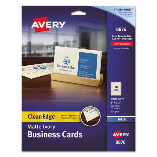 Avery True Print Clean Edge Business Cards, Inkjet, 2 x 3.5, Ivory, 200 Cards, 10 Cards Sheet, 20 Sheets/Pack