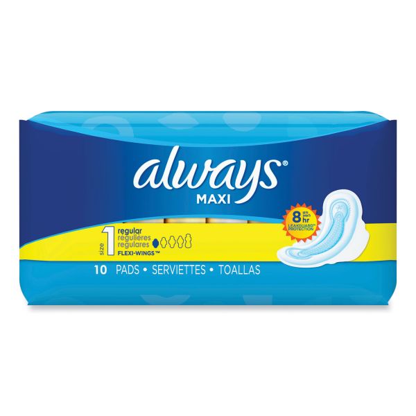 Always Regular Maxi Pads with Wings, Regular, 10/Box