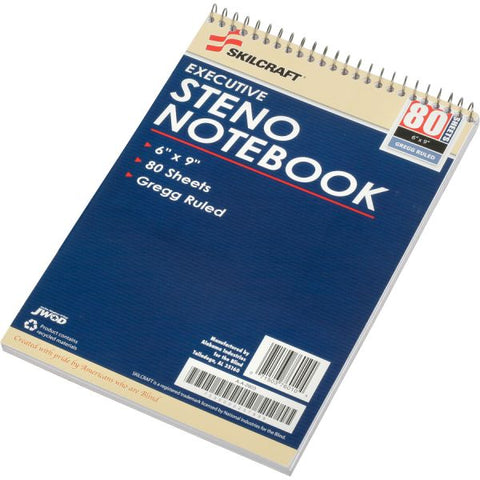 SKILCRAFT Executive Steno Notebooks 6" x 9" - Gregg Ruled - Spiral Binding - 80 Sheets - Blue & White Cover - 12/ Pack