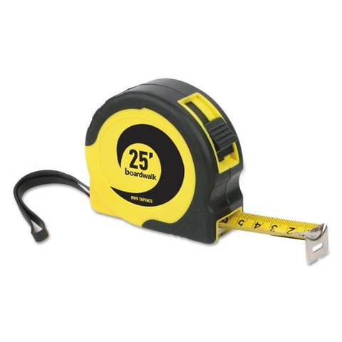 Boardwalk Easy Grip Tape Measure, 25 ft, Plastic Case, Black and Yellow, 1/16" Graduations