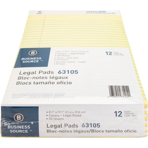 Business Source Letter-Size Legal Pads 8.50" x 11.75" - Wide Ruled - Perforated - 50 Sheets/ Pad - 12 Pads - Canary