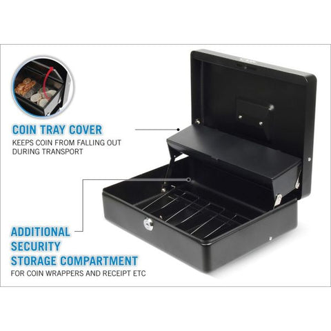 CARL Bill Slots Steel Security Cash Box 4 Bill - 5 Coin - Steel - Black - 3.5" Height x 10" Width x 7" Depth