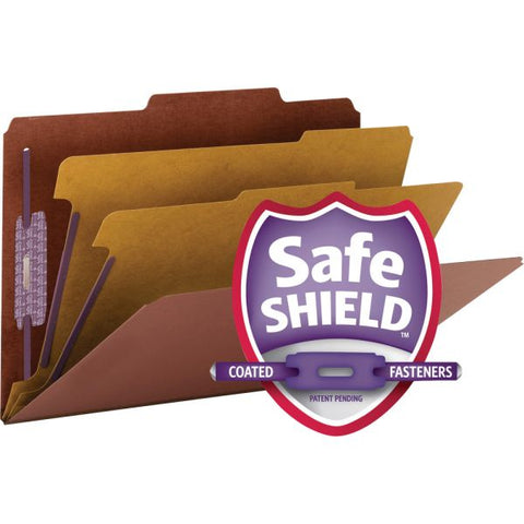 Smead Pressboard Classification Folders, Six SafeSHIELD Fasteners, 2/5-Cut Tabs, 2 Dividers, Legal Size, Red, 10/Box Legal - 2 Dividers - 6 Fasteners - 2" Capacity - Red - 10/ Box