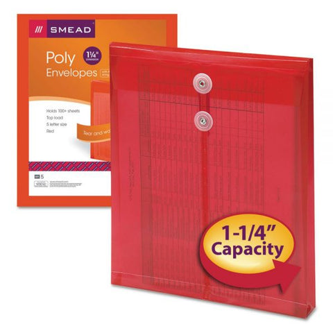 Smead Poly String and Button Interoffice Envelopes, Open-End (Vertical), 9.75 x 11.63, Transparent Red, 5/Pack