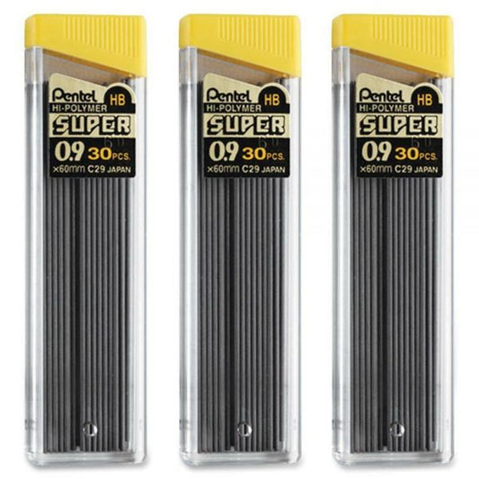 Pentel Super Hi-Polymer Lead Refills, 0.9mm, HB, Black, 30/Tube, 3 Tubes/Pack