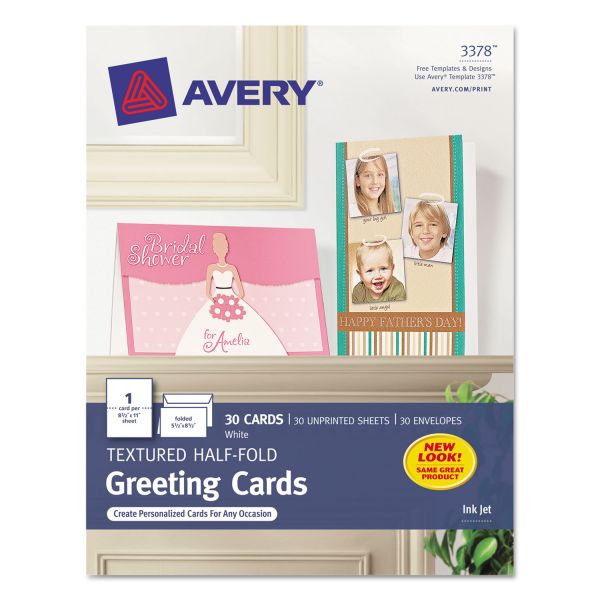 Avery Half-Fold Greeting Cards with Envelopes, Inkjet, 65 lb, 5.5 x 8.5, Textured Uncoated White, 1 Card/Sheet, 30 Sheets/Box