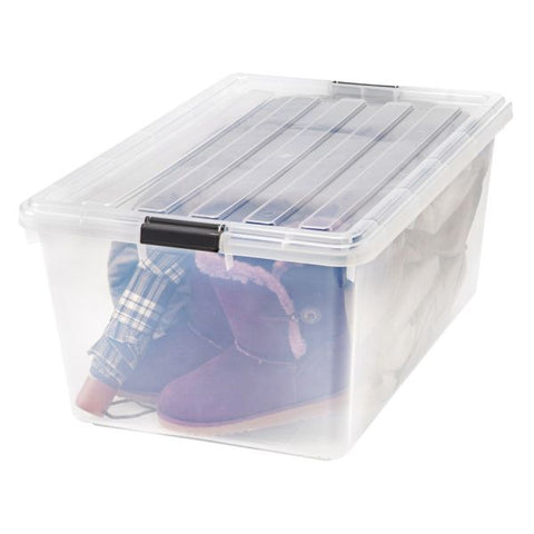 IRIS Buckle Down Plastic Storage Container With Built-In Handles And Snap Lid, 68 Quarts, 11 3/4" x 17 1/4" x 26 1/8", Clear