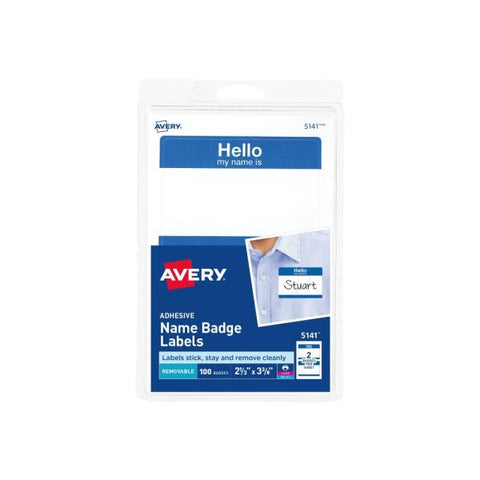 Avery Printable Self-Adhesive Name Badges, 2 1/3 x 3 3/8, Blue "Hello", 100/Pack