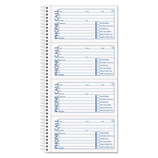 TOPS Second Nature Phone Call Book, Two-Part Carbonless, 5 x 2.75, 4 Forms/Sheet, 400 Forms Total