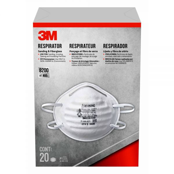 3M 8200 N95 Sanding and Fiberglass Respirator, White, 8200H20-DC, Pack of 20