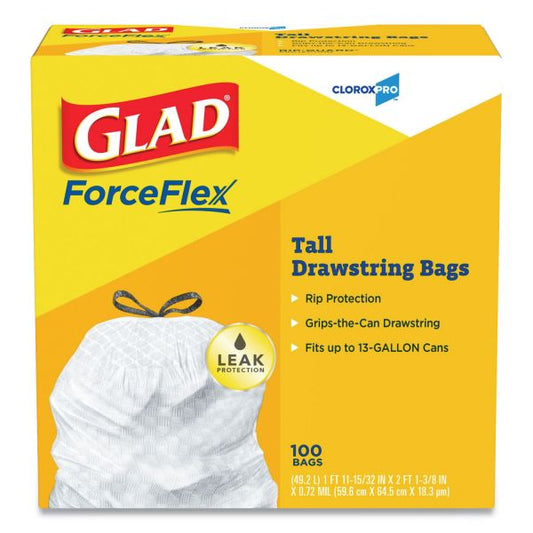 Glad Tall Kitchen Drawstring Trash Bags, 13 gal, 0.72 mil, 24" x 27.38", Gray, 100/Box