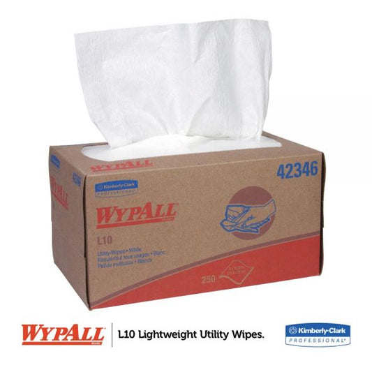 WypAll L10 Towels, POP-UP Box, 1-Ply, 10.25 x 9, White, 250/Box, 24 Boxes/Carton