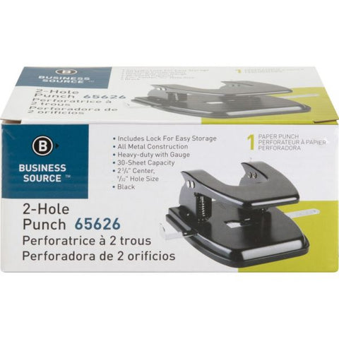 Business Source Heavy-Duty Two-Hole Punch 2 Punch Heads - 9/32" Hole Diameter - 30 Sheet Capacity - Black